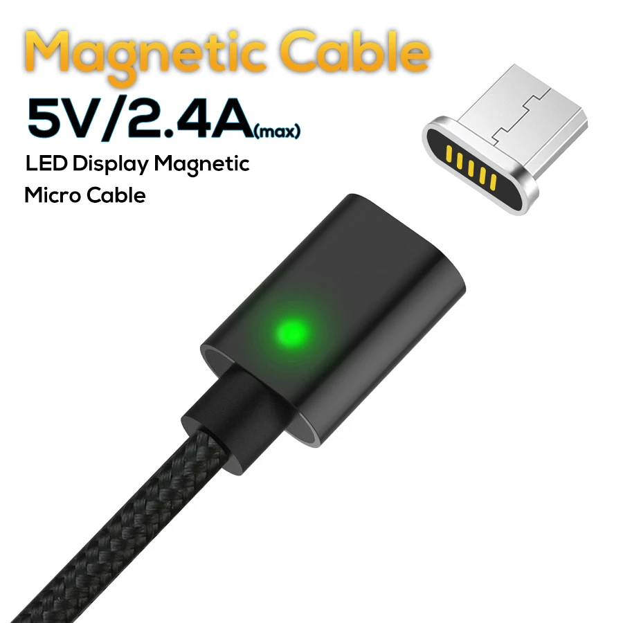 Магнитный Micro USB кабель TOPK AM21 со светодиодной подсветкой нейлоновый Плетеный