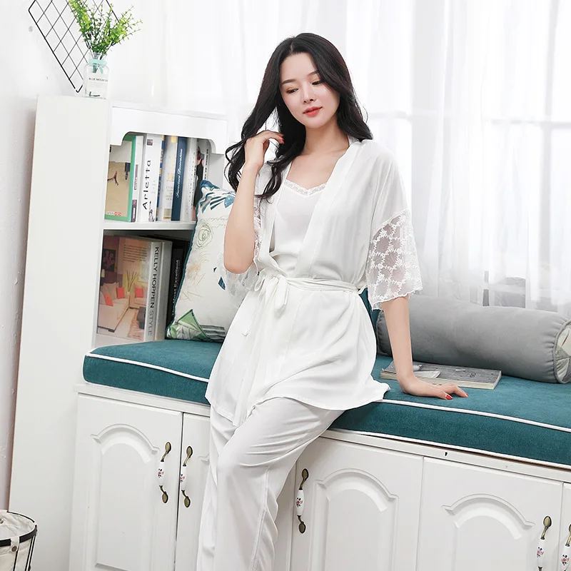 

White Summer 3PCS Pajamas Set Sweet Lace Trim Sleepwear Sexy V-Neck Backless Strap Top&Pant Nightwear Lounge Faux Silk Home Wear