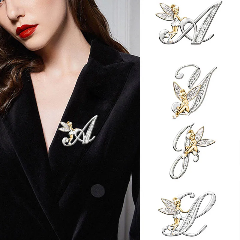 

2020 New Metal Crystal English Letter Word Brooch Elf Angel Lapel Pina Suit Shirt Collar Pins Brooches for Women Accessories
