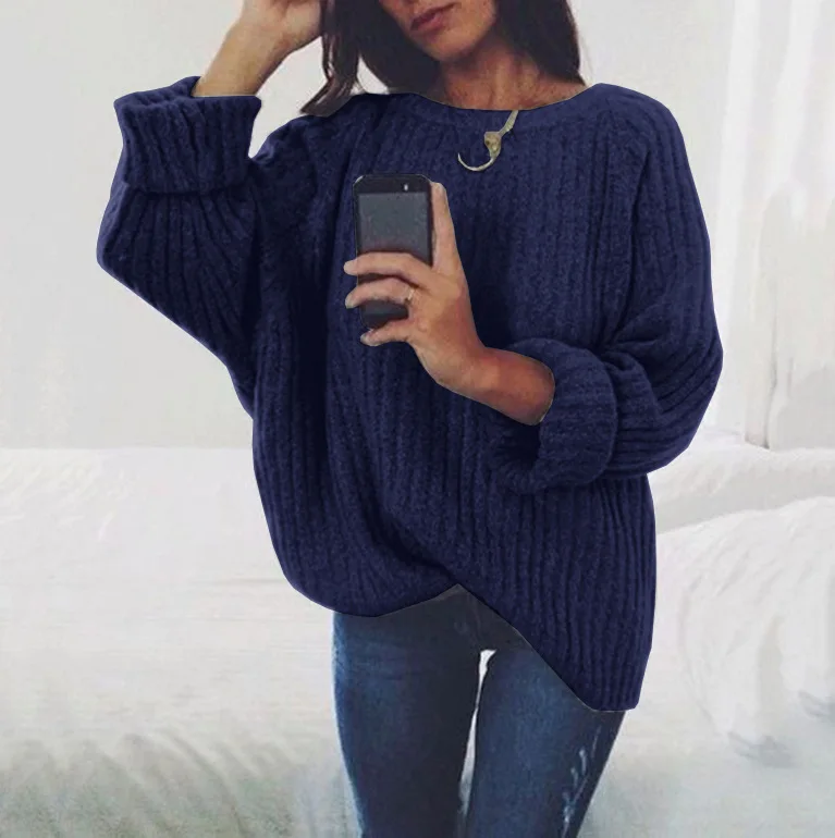 

Solid O Neck Long Sleeve Pullover Sweaters Women Knitted Tops 2020 Autumn Winter Cotton Wool Loose Casual Tunic Sweaters