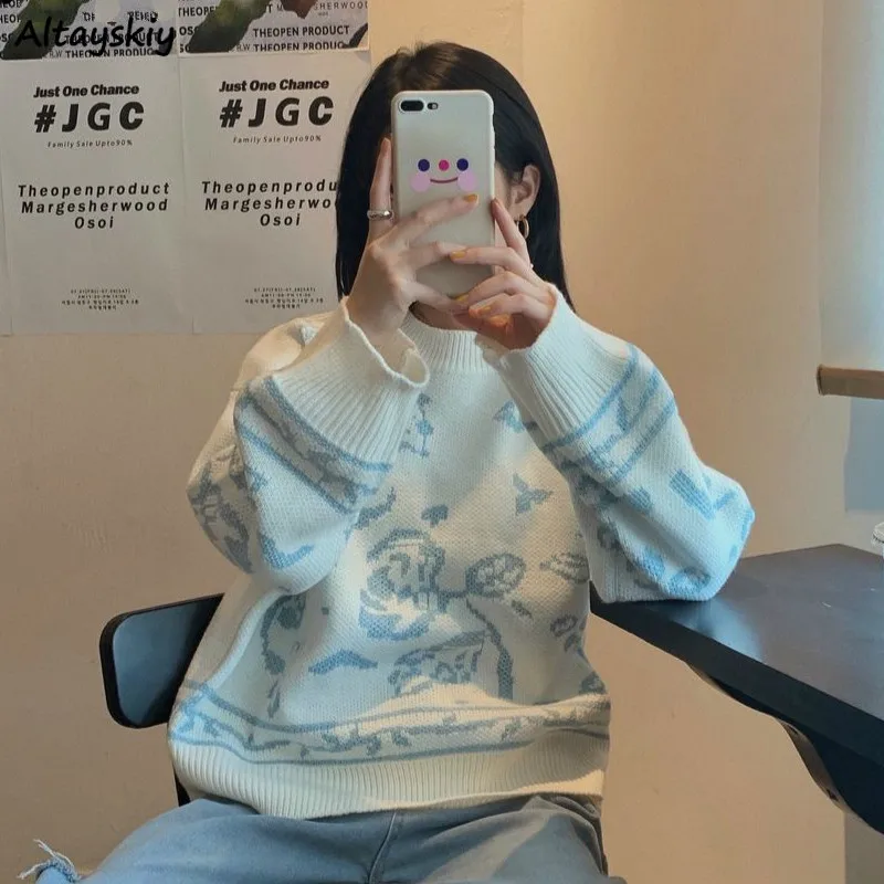 

Pullovers Women Floral Soft College Casual Loose O-Neck Embroidery Lovely All Match Popular Simple Korean Style Trendy Autumn