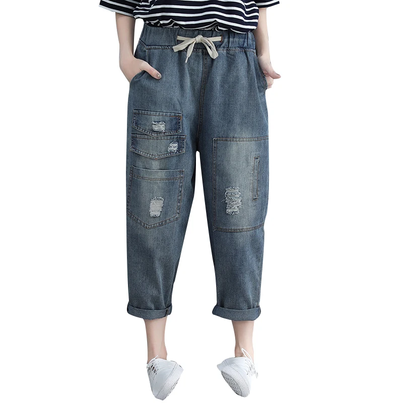 

Women Spring Summer Fashion Elastic Waist Stretch Vintage Ripped Hole Ankle Length Pants Harem Jeans Office Lady Loose Trousers