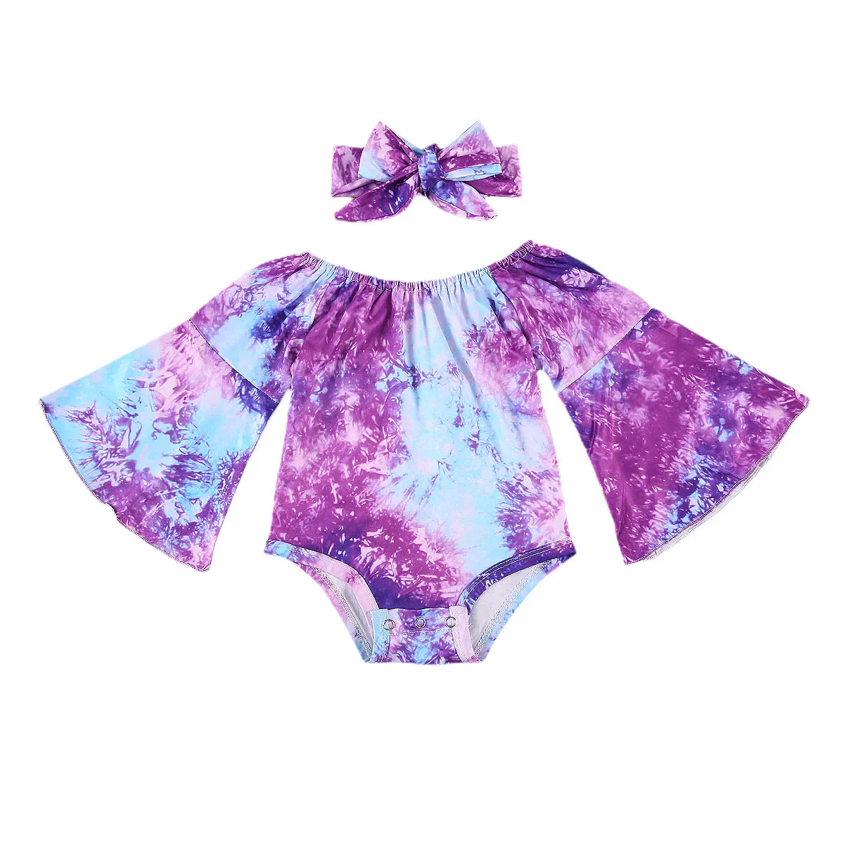 

Комплект детской одежды с цветочным рисунком, комбинезон с открытыми плечами и расклешенными рукавами, с пуговицами и бантом, повязка на го...