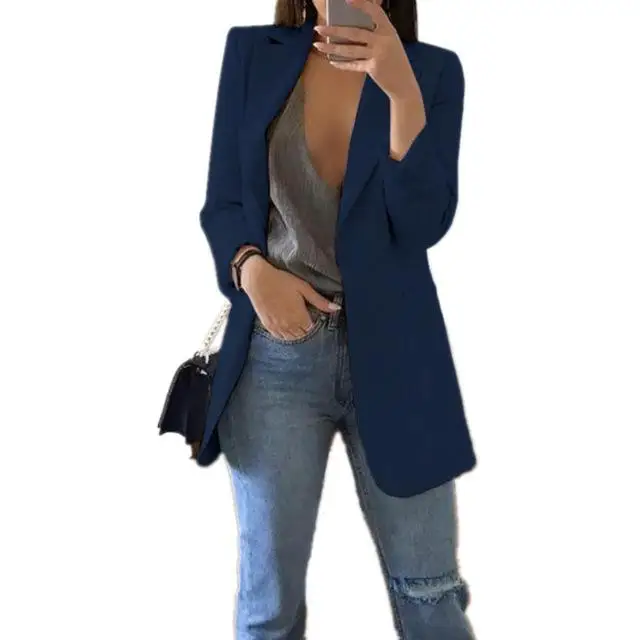 drak blue Тонкий Женский блейзер Осенняя модная куртка Женский офисный однотонный Карманный деловой блейзер с вырезом Женское пальто плюс размер S-5XL - Цвет: drak blue