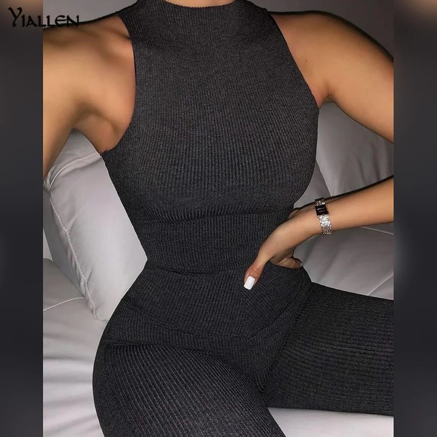 

Yiallen Ribbed Solid Casual Matching Two-piece Sets Women Sexy Sleeveless Bodysuits +Leggings Pants Workout Skinny Slim Set 2021