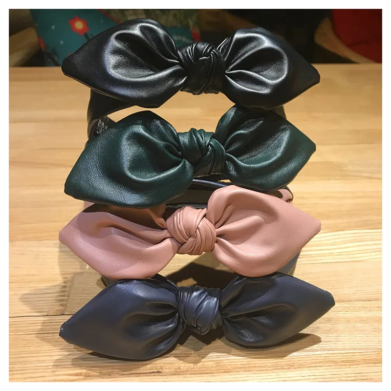

Elegant Leather Big Bow Tie Headband Ladies Fashion Solid Color PU Wide Hairbands Hair Accessories Headbands for Women Designer