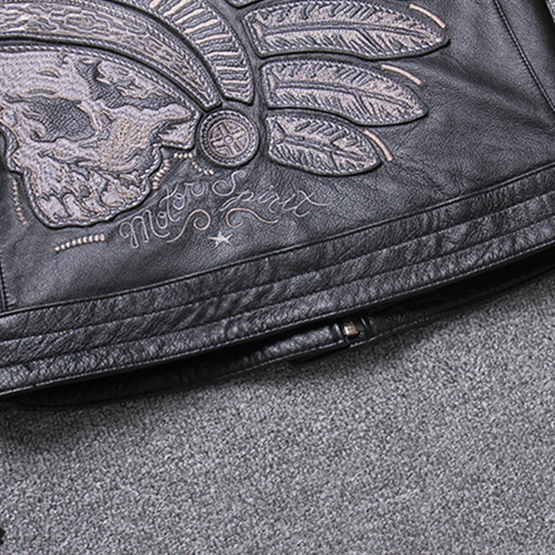 

2021 Black Motorcycle Style Genuine Leather Jacket Men Skulls Embroidery Real Natural Cowhide Spring Slim Fit Biker Coat