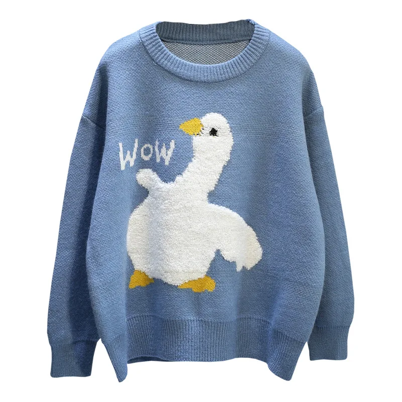 Мужской вязаный свитер с круглым вырезом и мультяшным рисунком утки гуся |