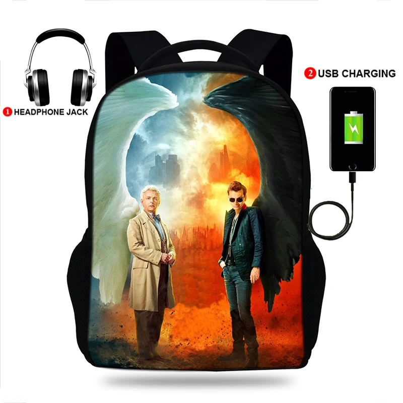 USB Порты и разъёмы пространство Рюкзак Mochila Good Omens ангельским рисунком школьные