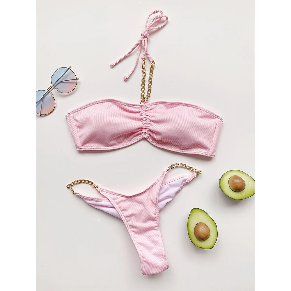

2021 New Sexy Chain Bikini Swimwear Women Bandeau Push Up Swimsuit Female Two Pieces Bikini Set Bather Bathing Suits Beach Wear