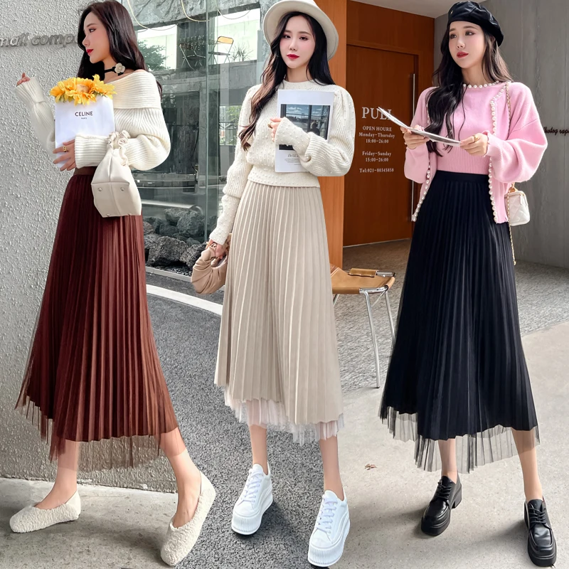 

All-match woolen mesh skirt 2021 autumn and winter wear bright silk pleated skirt on both sides fashionable women's clothing