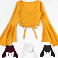 white top yellow crop top 2021 tunic top women tshirt femme bandage long sleeve sexy casual camiseta mujer tee black flare top