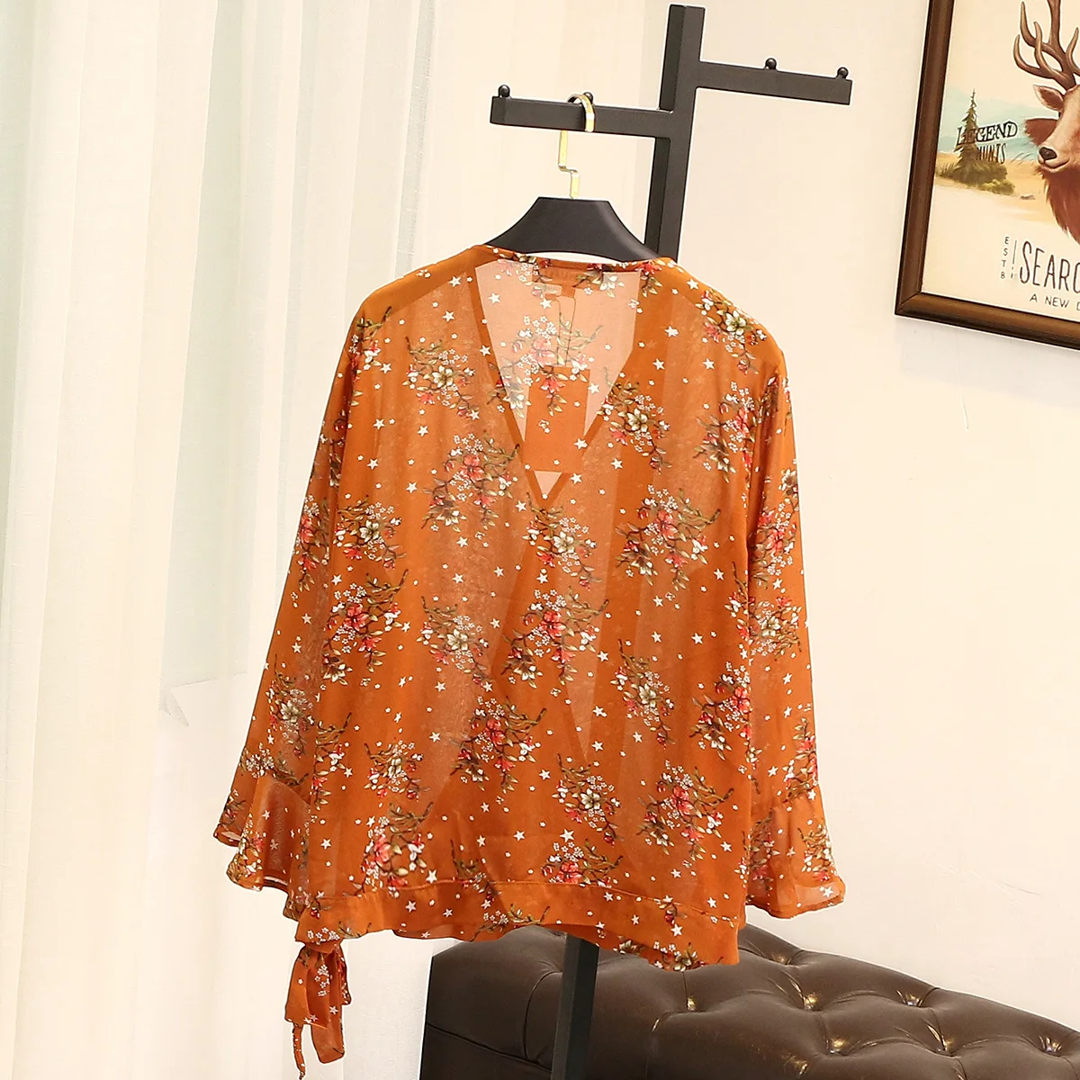Женская шифоновая блузка с длинным рукавом оранжевая Свободная цветочным