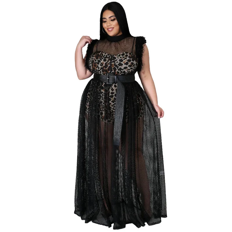 

Leopard Lining Transparent Club Party Sexy Maxi Dress Summer Elegant Dress Women Plus Size Mesh Dress Wholesale Dropshipping