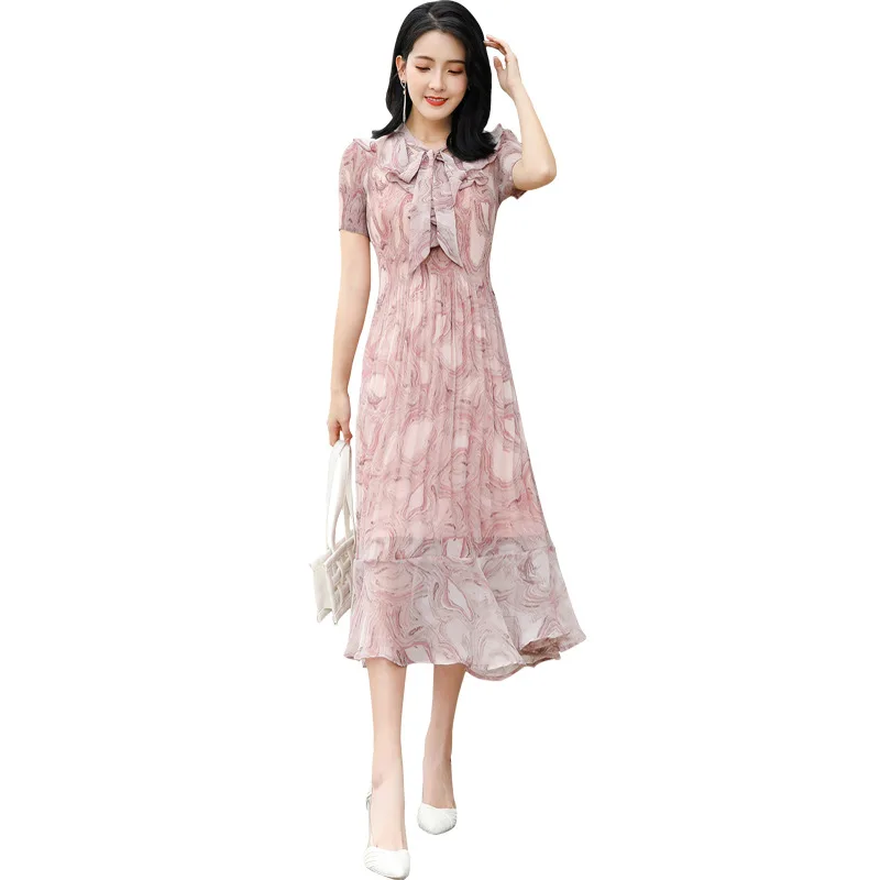 

Spring And Summer Printed Ruffle Bow Elegant Pleated Dress Medium Length Women's Dress