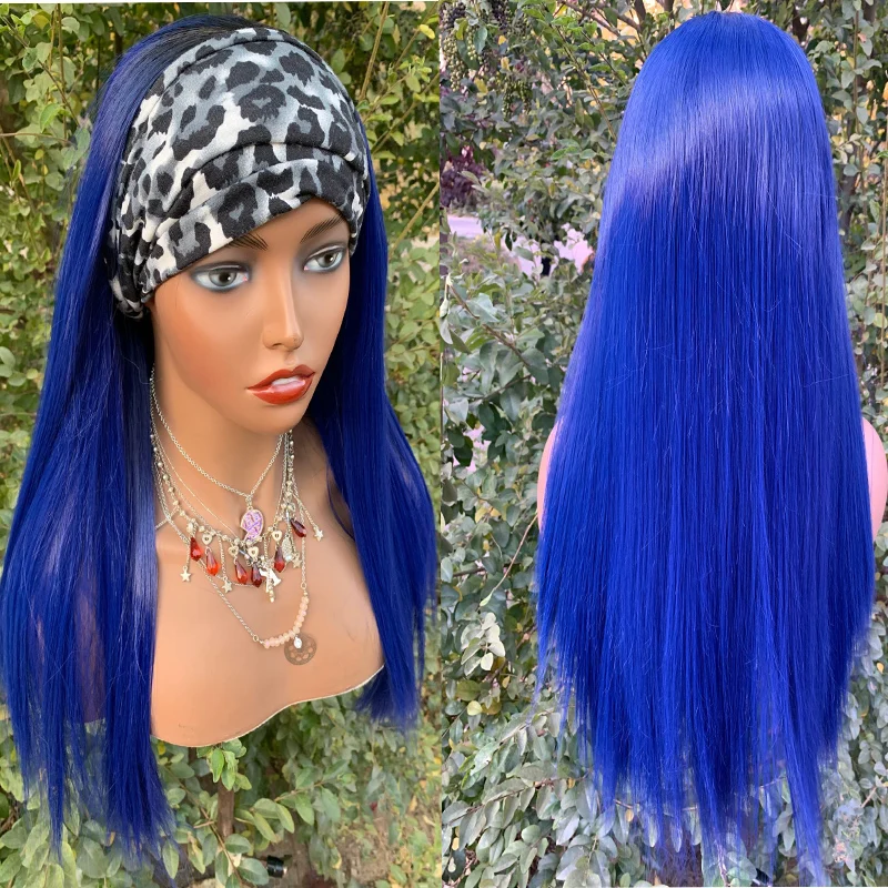 Blue Straight Head Band Wigs Human Hair Glueless Machine Made Human Hair Wigs Remy Brazilian Half Wig with Headband