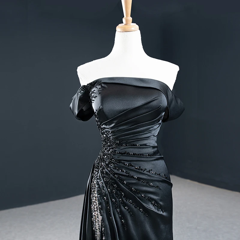 J67153 Removable Long Sleeve Pure Black High Slit A-Line Crystal Party Gowns Evening Dress 2020 Boat Neck فستان زفاف