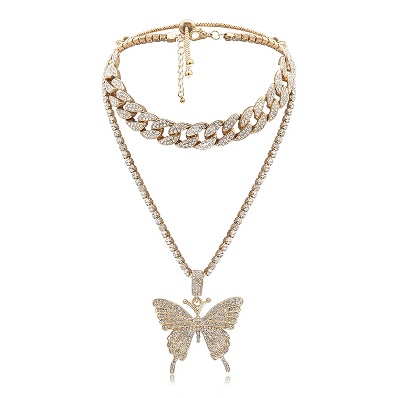 

[FVFV]Multilayer Lover Key Heart Rhinestone Butterfly Pendant Pearl Necklace Punk Golden Padlock Cupid Banquet Jewelry