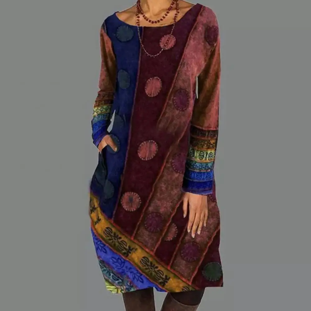 

Vintage Ethnic Printed Patchwork Casual Dress Women Autumn Long Sleeve Dresses Elegant Ladies O Neck Pocket Midi Dress Vestidos