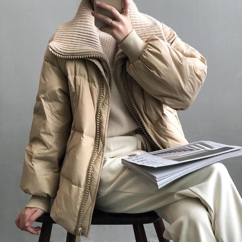 

Knitted Lapel Down Jacket Women 2021 Winter New Loose And Fake Two Pieces Of White Duck Down Bread Jacket