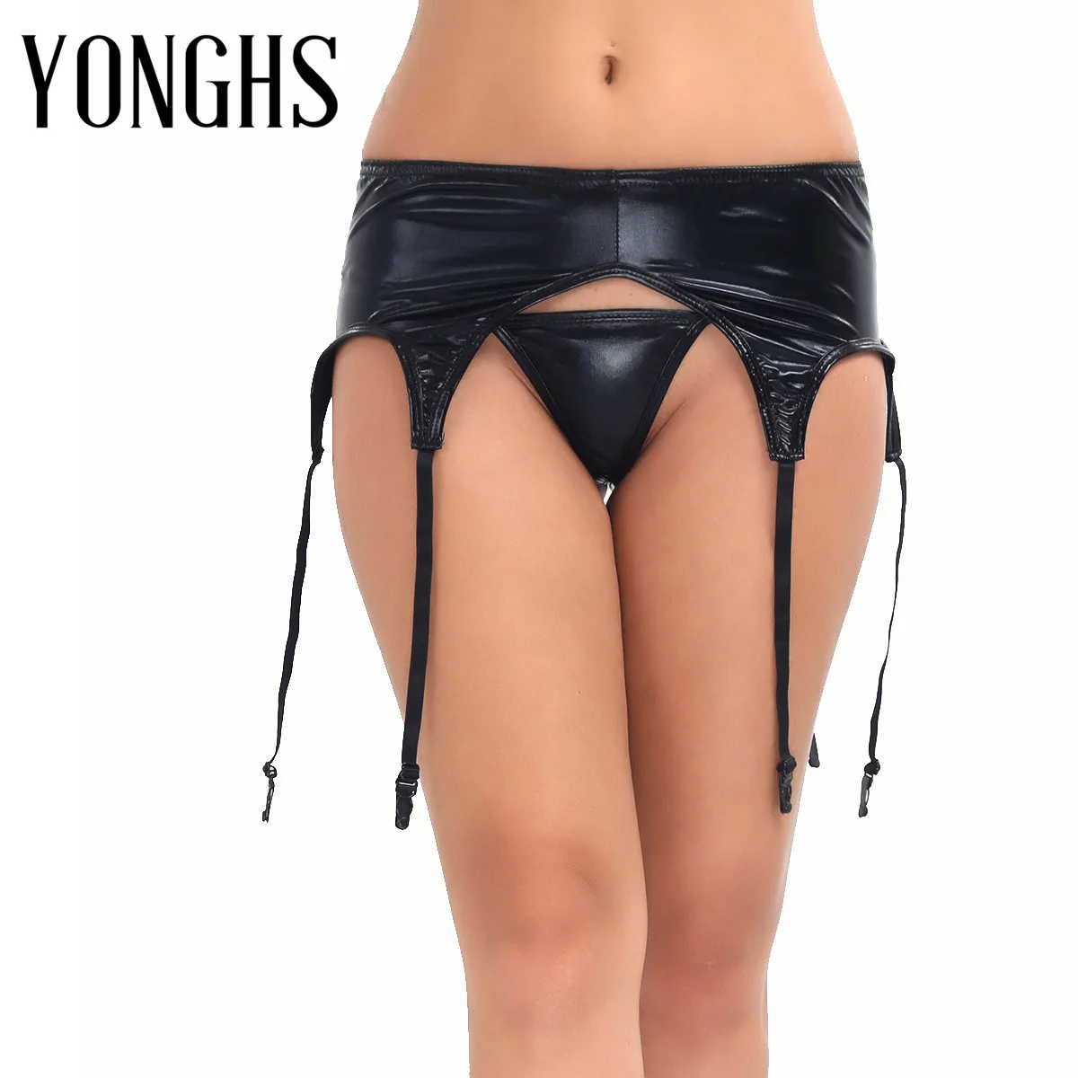 

Womens Lingerie Underwear Wetlook Leather Garter Panty Plastic Clip Sock Garter Belt Holder Fastener Suspender with G-string