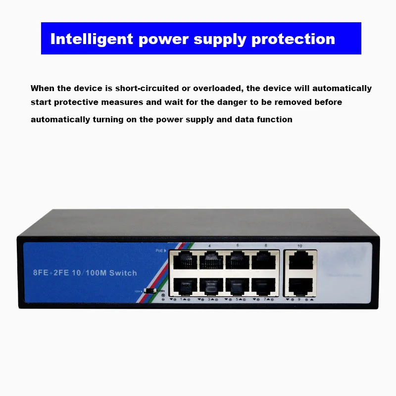 Коммутатор POE 48V 8 Порты и разъёмы с 2 Uplink Ethernet 125W Мощность 250 м расстоянии IEEE 802 3 AF/AT