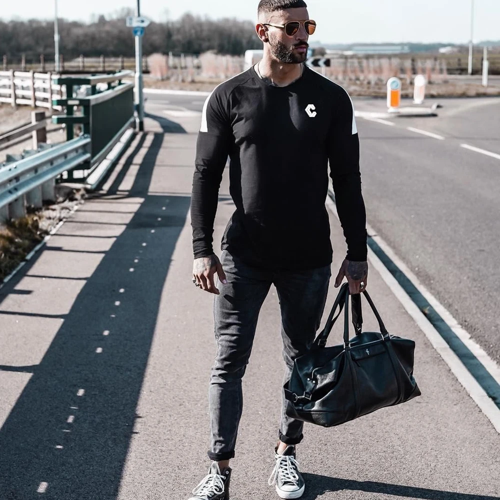 

Casual Slim Long sleeves t shirt Men Gym Fitness Bodybuilding Cotton T-shirt Male Jogger Workout Black Tees Tops Fashion Clothes