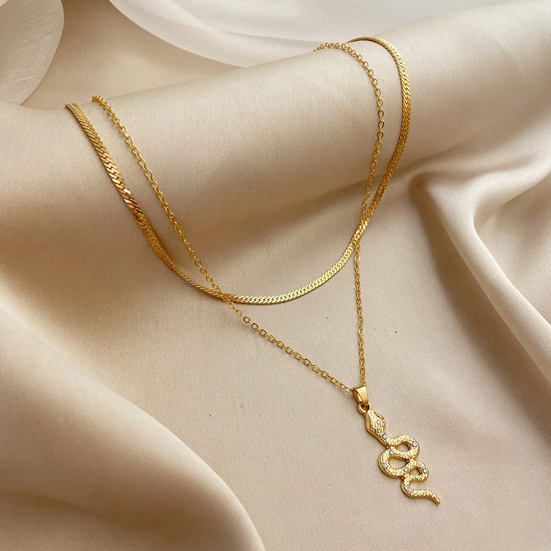 

2021 Vintage Punk Style Diamond Snake-shaped Gold Doubl Layer Pendant Necklace for Women Gifts Party Exquisite Jewelry