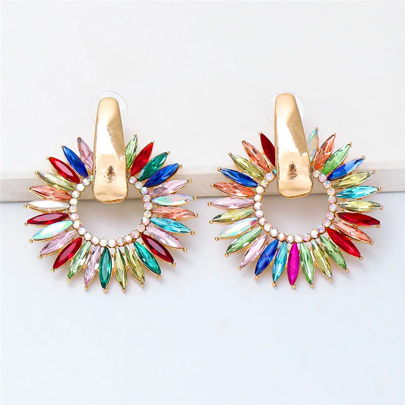 hot brand colorful crystal metal drop dangle earrings for women geometric wedding party jewelry rhinestone statement earrings free global shipping