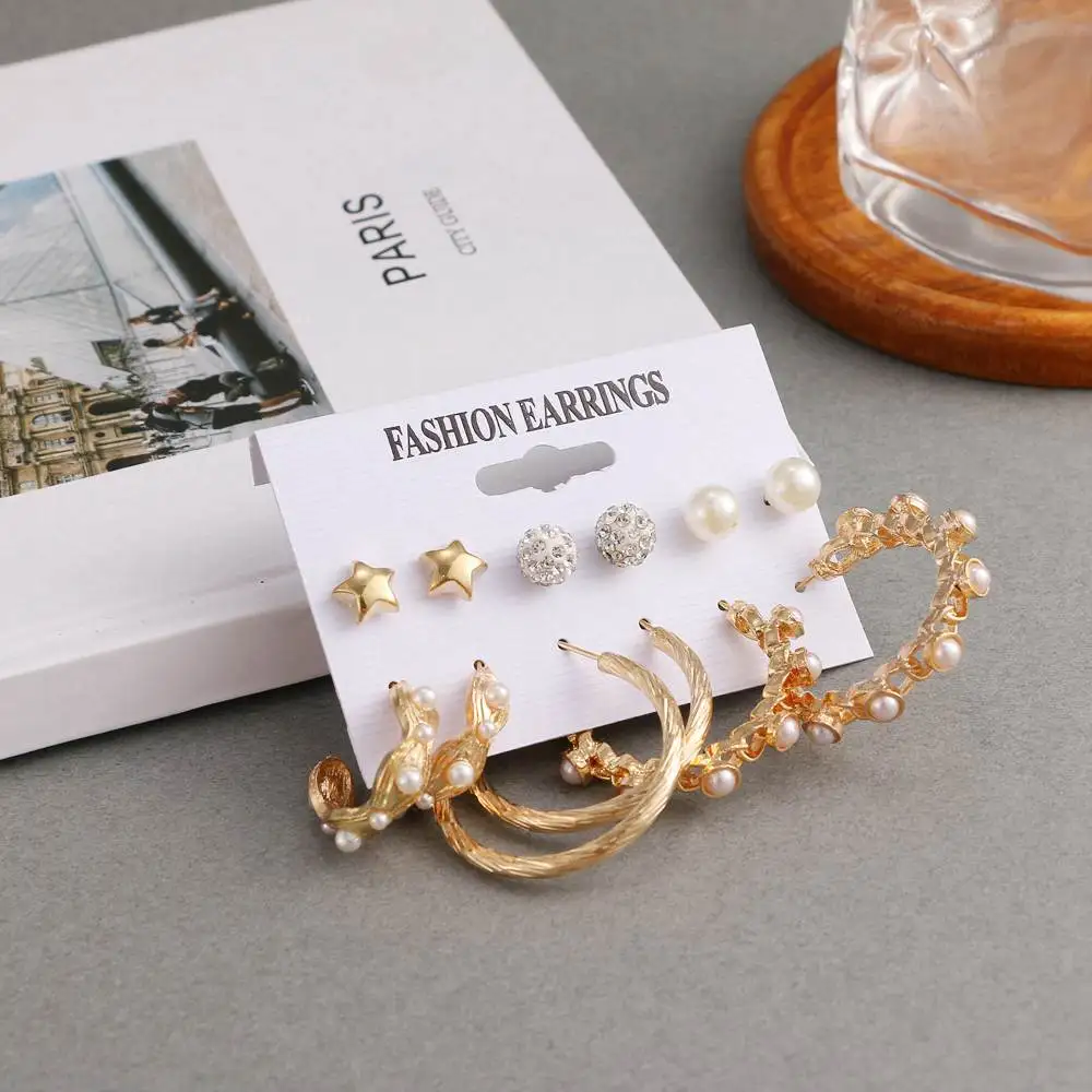 

EN Fashion Gold Color Exaggeration Hoop Earrings Set For Women New Pearl Circle Butterfly Earrings Wedding Jewelry Trend Gifts