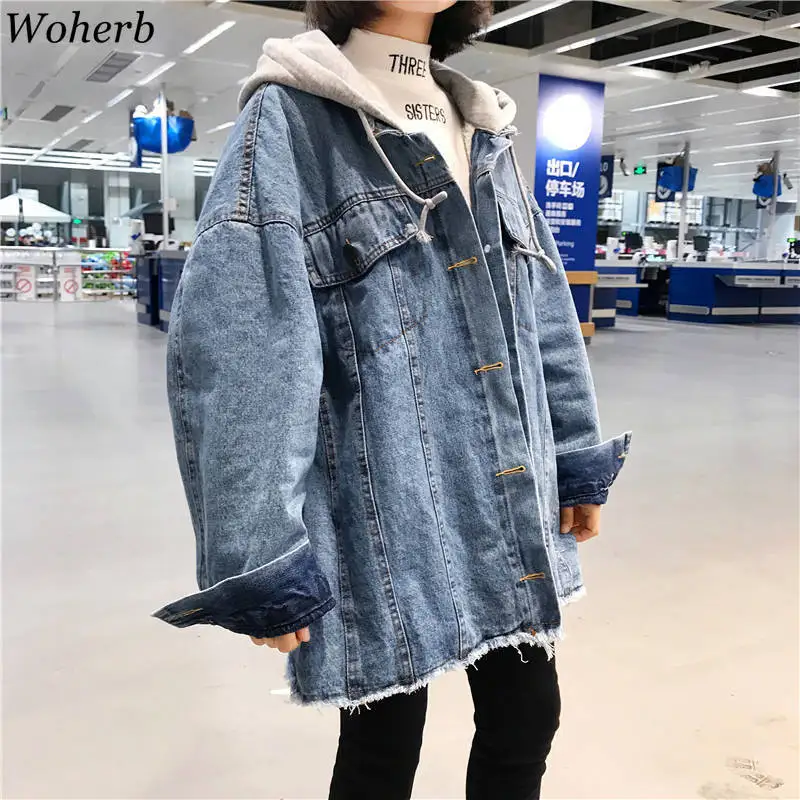 Woherb Весна Harajuku джинсовая ткань оверсайз куртка Корейская Свободная с капюшоном