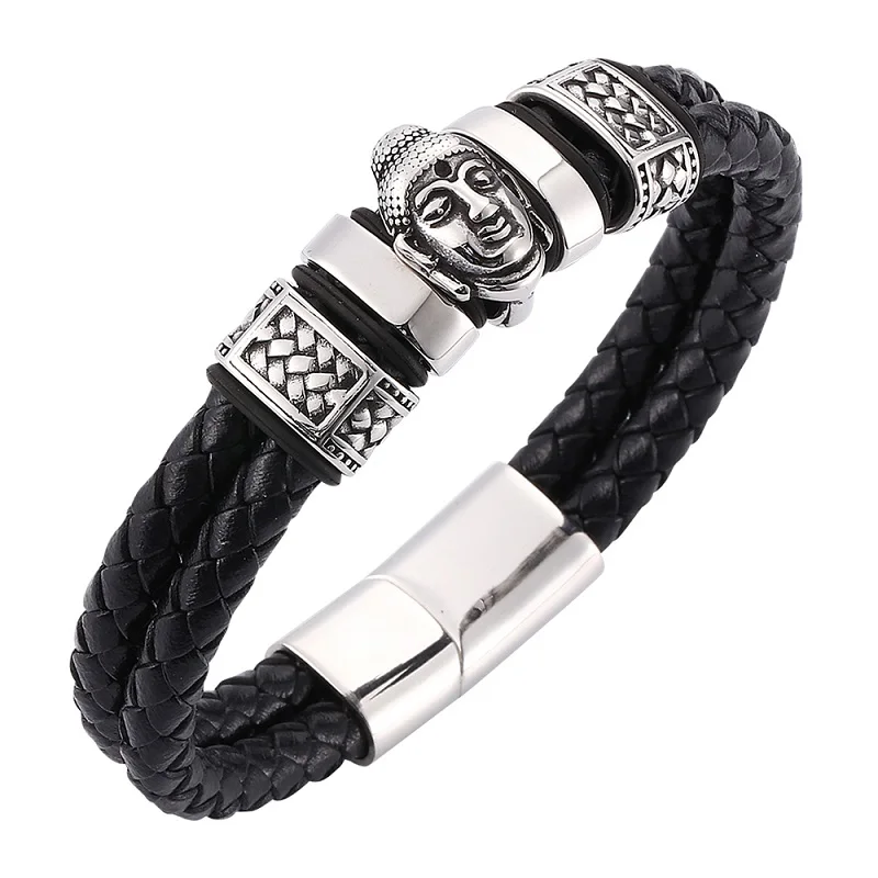 

Black/Red Double Layer Leather Braided Bracelet Men Jewelry Buddha Head Stainless Steel Beaded Magnetic Buckle Wrist Band