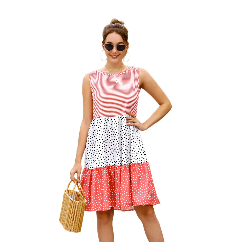 

Women's Fashion Summer Dresses Patchwork Dot Print Sleeveless Tank Dress A-Line Beach Holiday Casual Women Loose Dress Party