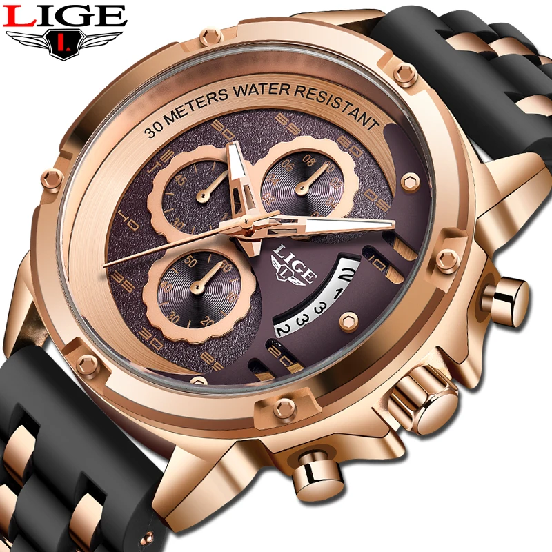 Часы наручные LIGE Мужские кварцевые брендовые золотистые водонепроницаемые с