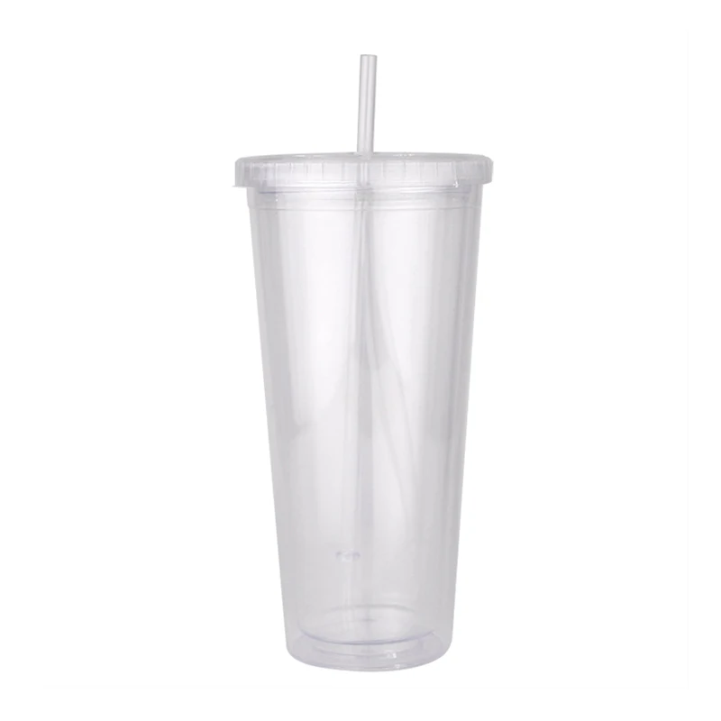 

650ml/22oz Transparent Double Layer Food Grade Plastic Straw Cup Bottle Portable Outdoor Summer Travel Mug Coffee Juice Tea Cup