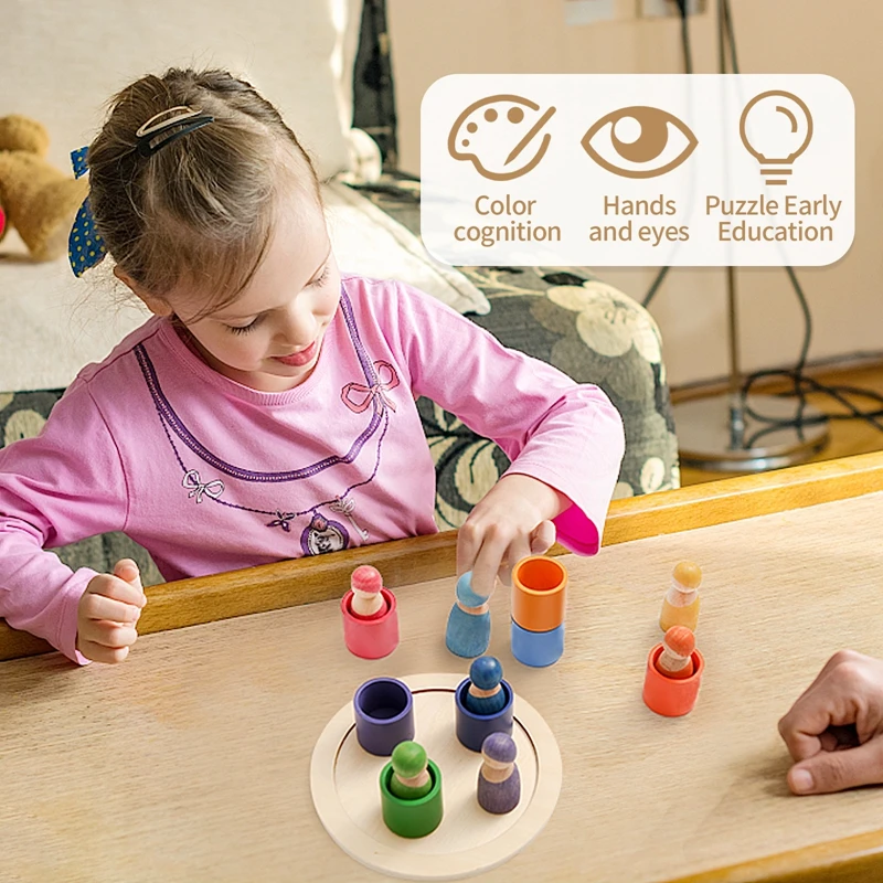1Set Kids Wooden Rainbow Blocks Doll Montessori Educational Color Cognitive Ability Toy For Children Stacking Baby Gift | Игрушки и