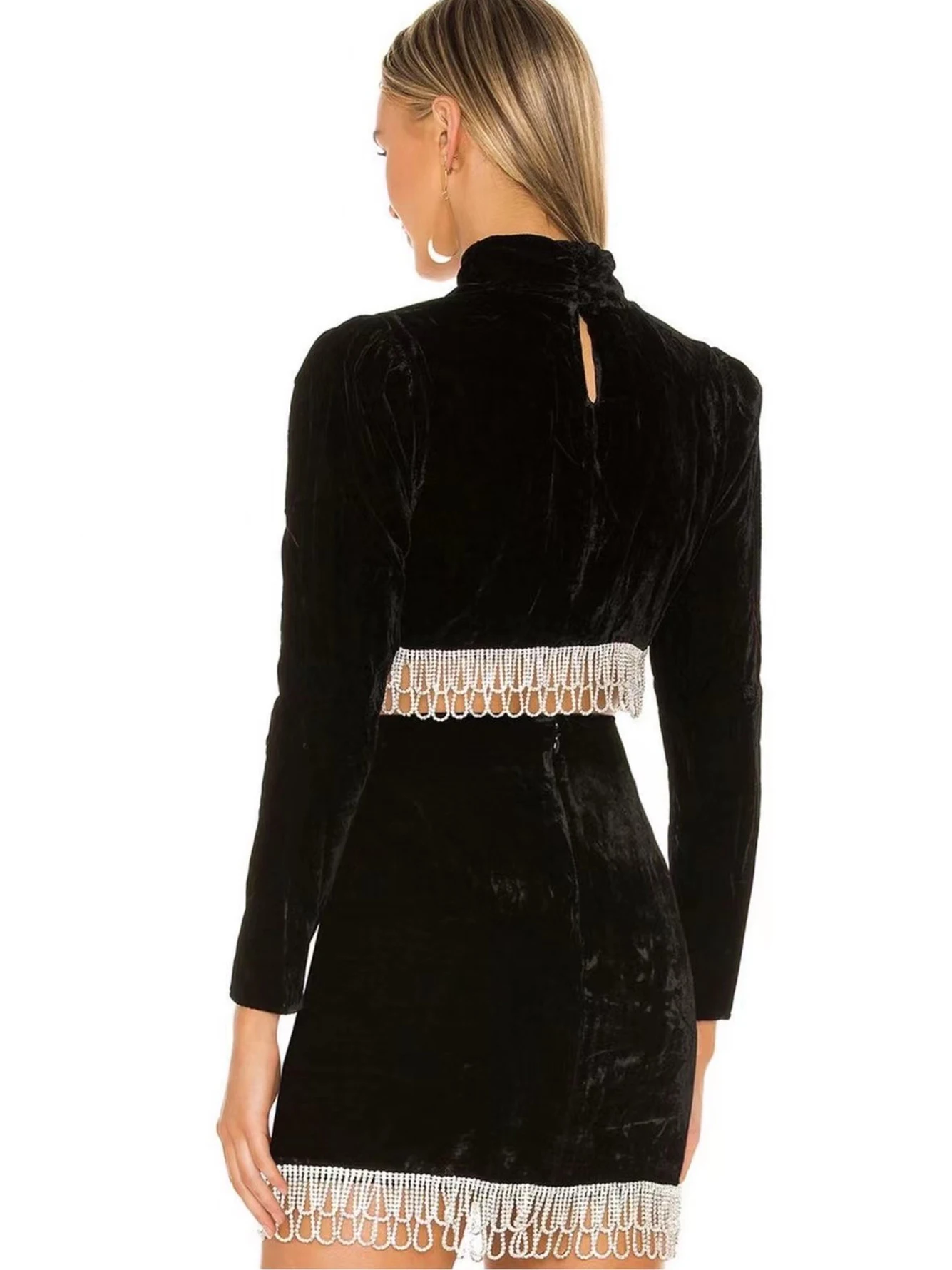 Adyce Black Velvet 2 Two Pieces Sets Clothes For Women Sexy Tassel Tops &amp Mini Skirt 2022 New Winter Long Sleeve Club Party |