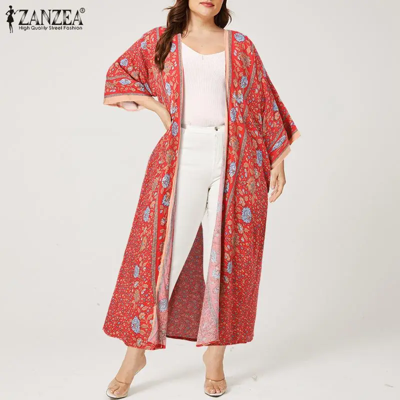 

Рубашка-кимоно ZANZEA с цветочным принтом, винтажная женская блузка в богемном стиле, повседневный длинный кардиган с открытым спереди и длинн...