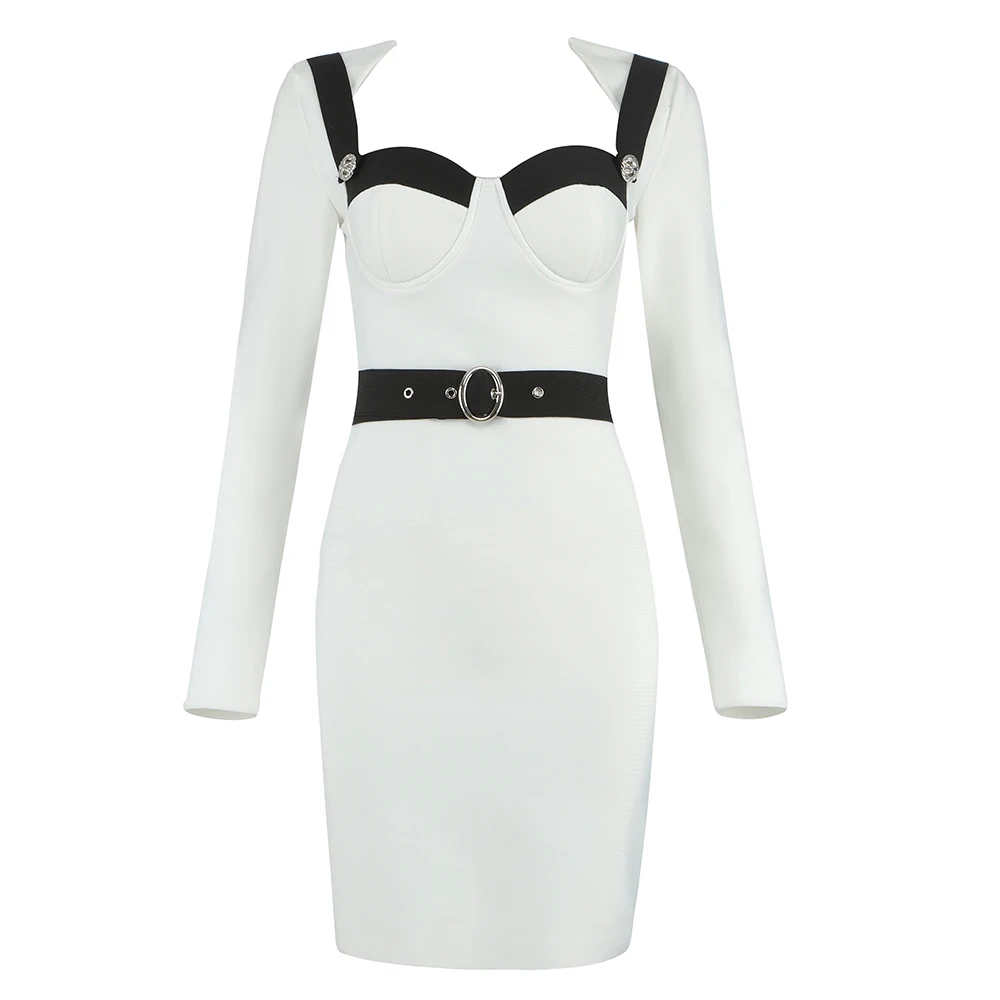 

High Quality Women's Spring 2021 Sexy Long Sleeve Patchwork Belt Bandage Dress White Bodycon Club Celebrity Party Dress Vestidos