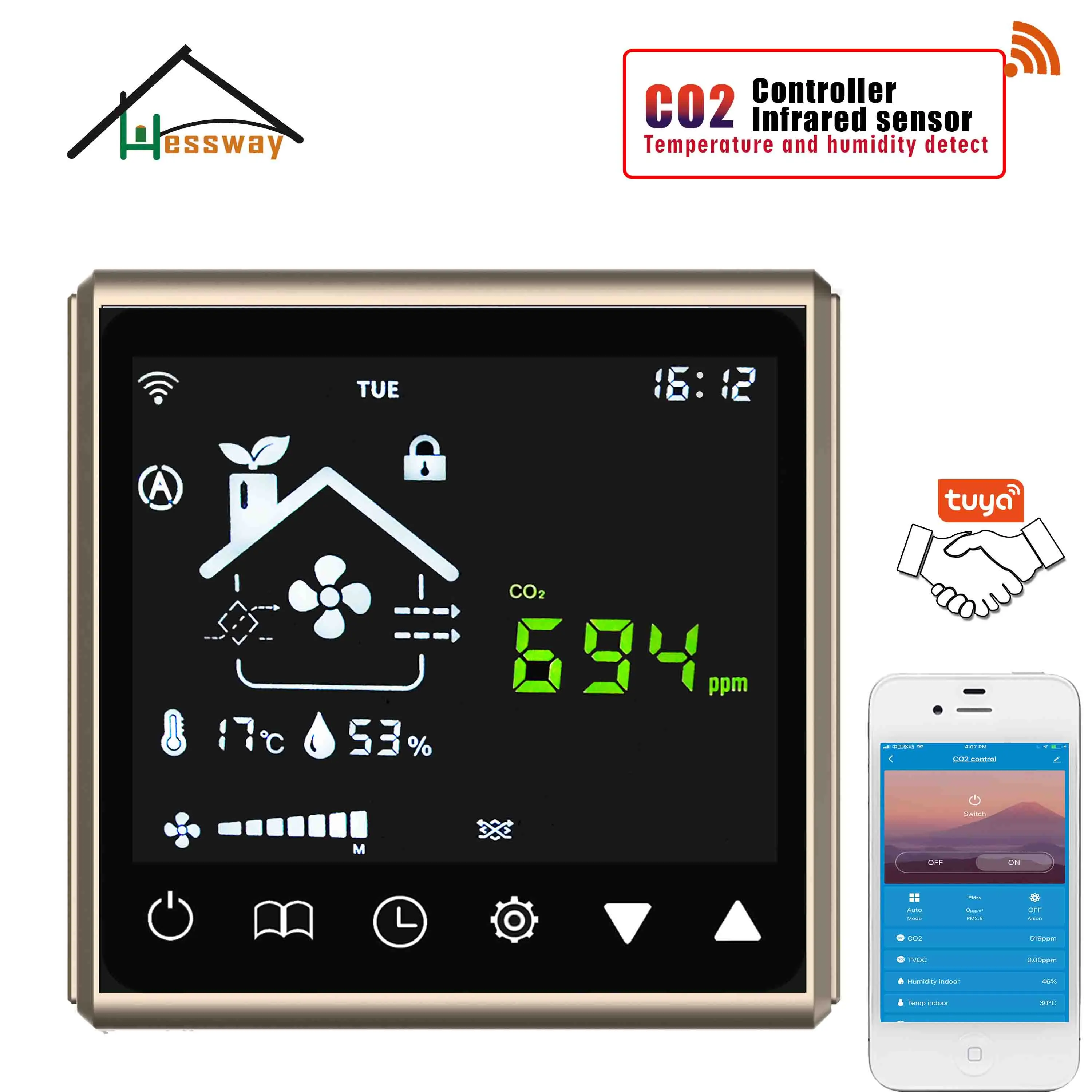 HESSWAY 3 In1 Температура влажности детектор двуокиси углерода Управление WI FI CO2 для