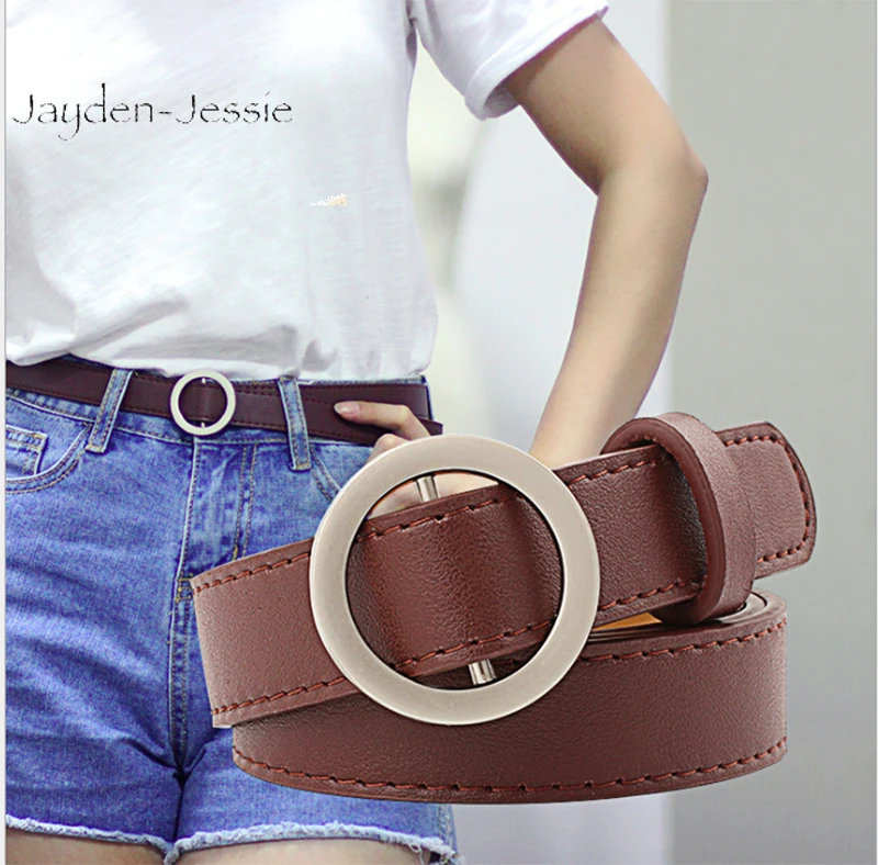 Женский пояс из искусственной кожи с металлическим кольцом и пряжкой однотонный