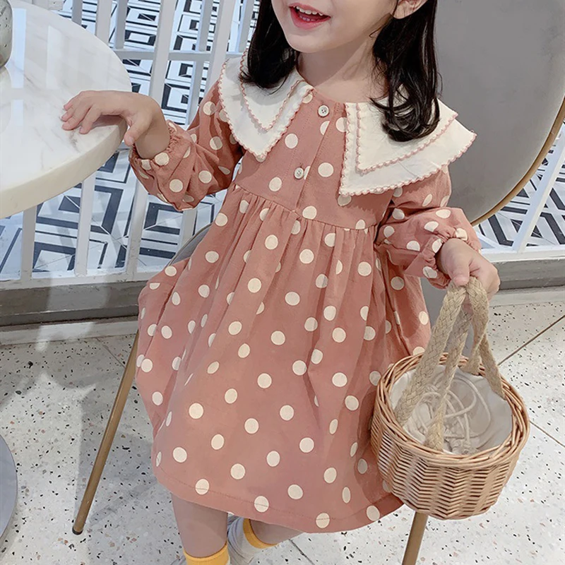 

Autumn Girls Dress Fashionable Doll Collar 2021 New Clothing Children Long Sleeve Polka Dot Princess Dress For Girls