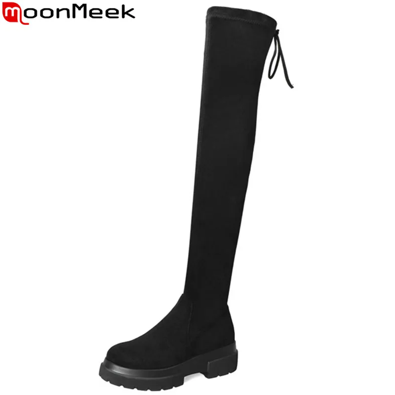 Женские ботфорты MoonMeek сапоги из флока с круглым носком и замши высокие на плоской