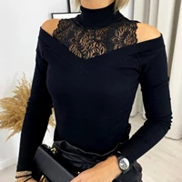 fashion lace patchwork blouse shirt cold shoulder turtleneck tops tee casual ladies top female women long sleeve blusas pullover