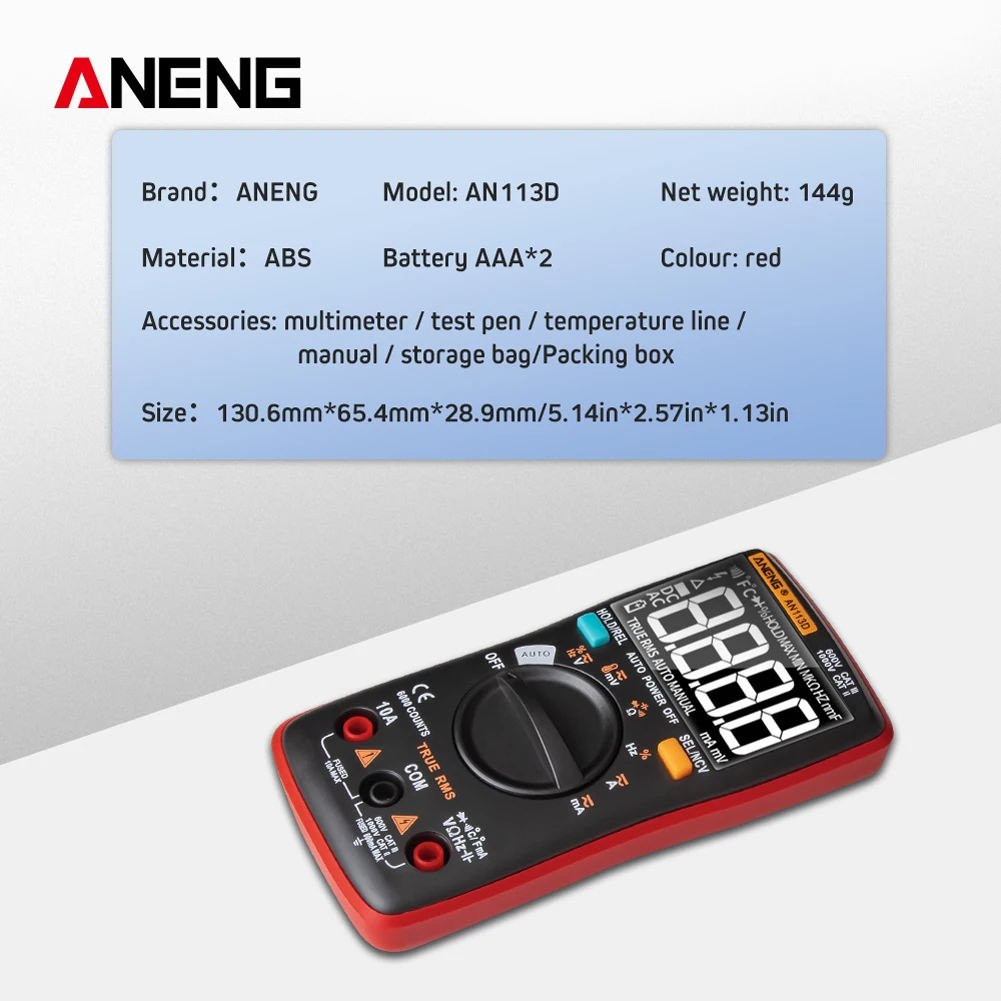 AN113D Digital Multimeter 6000 Counts Electrical Transistor Tester Temperature Auto Ranging AC/DC Voltage Meter for Electrician
