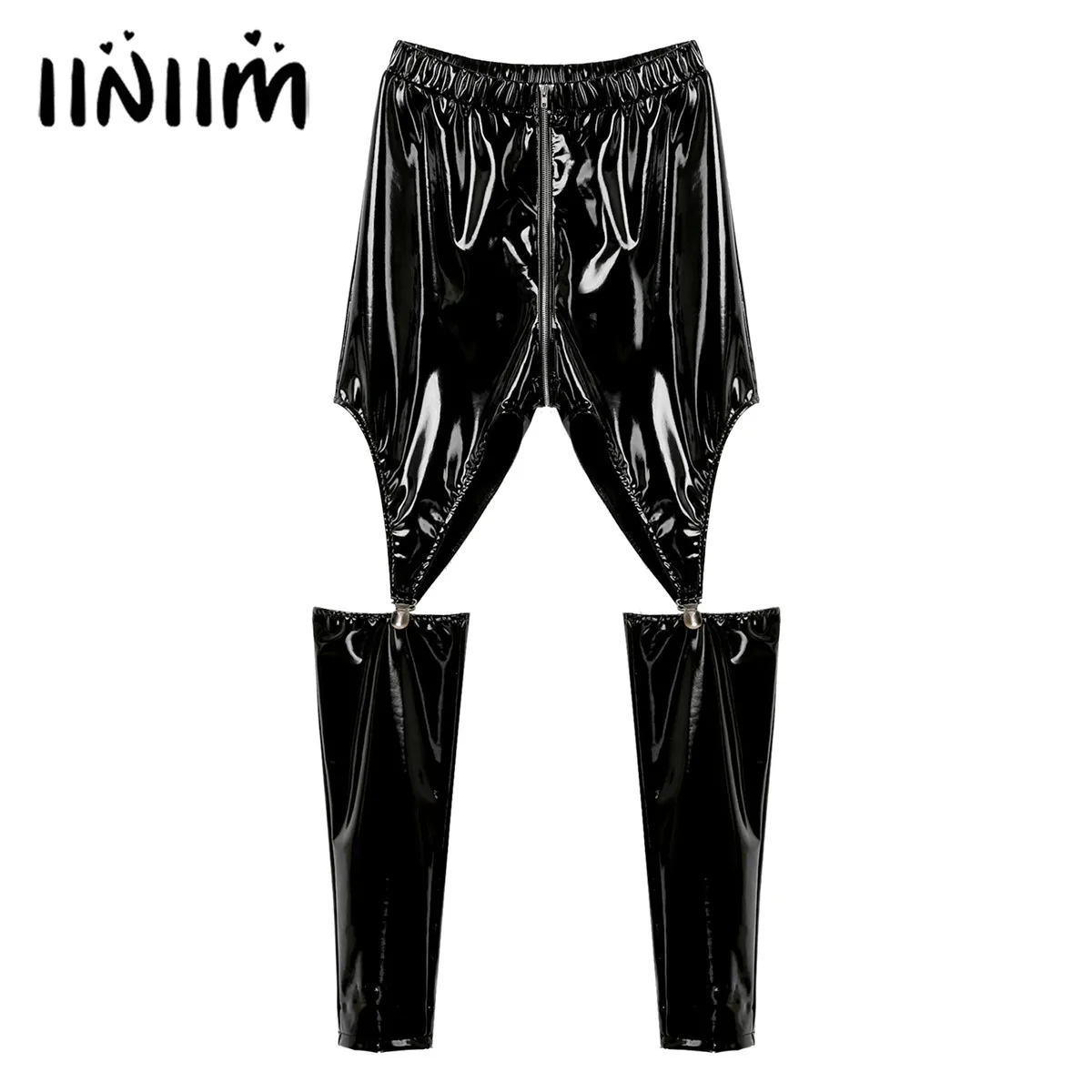 

Women Clubwear Fashion Sexy Legging Hollow Out Shiny Patent Leather Pants Skinny Zipper Crotch Cutout Elastic Waistband Trousers