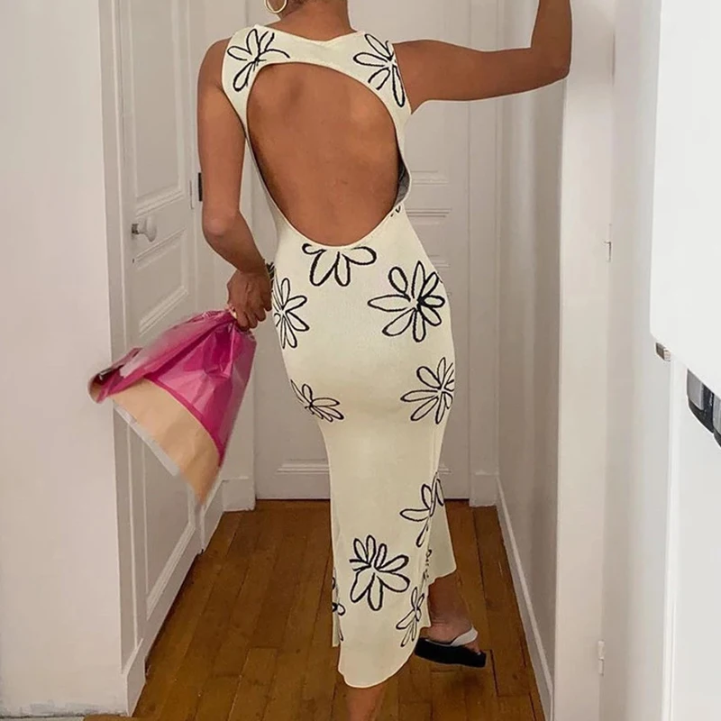 

Daisy Print Knitted Beach Dress Women 2021Summer Split O-Neck Backless Sundress Y2K Sleeveless Bodycon Sexy Midi Party Dresses