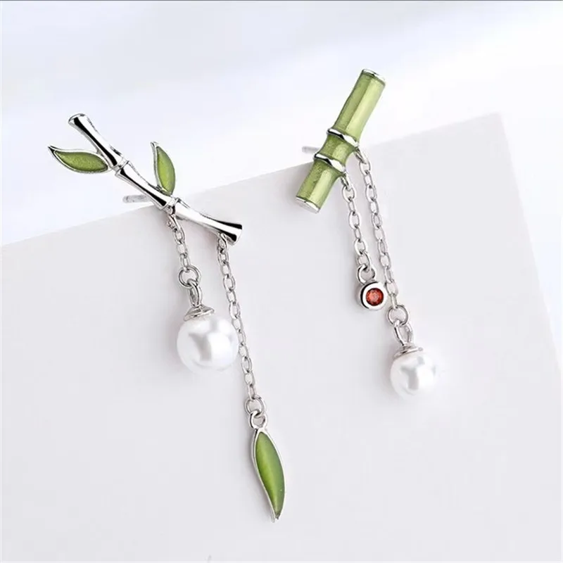 

2021 new style 925 silver needle bamboo earrings female retro Chinese style asymmetric small fresh bamboo earrings