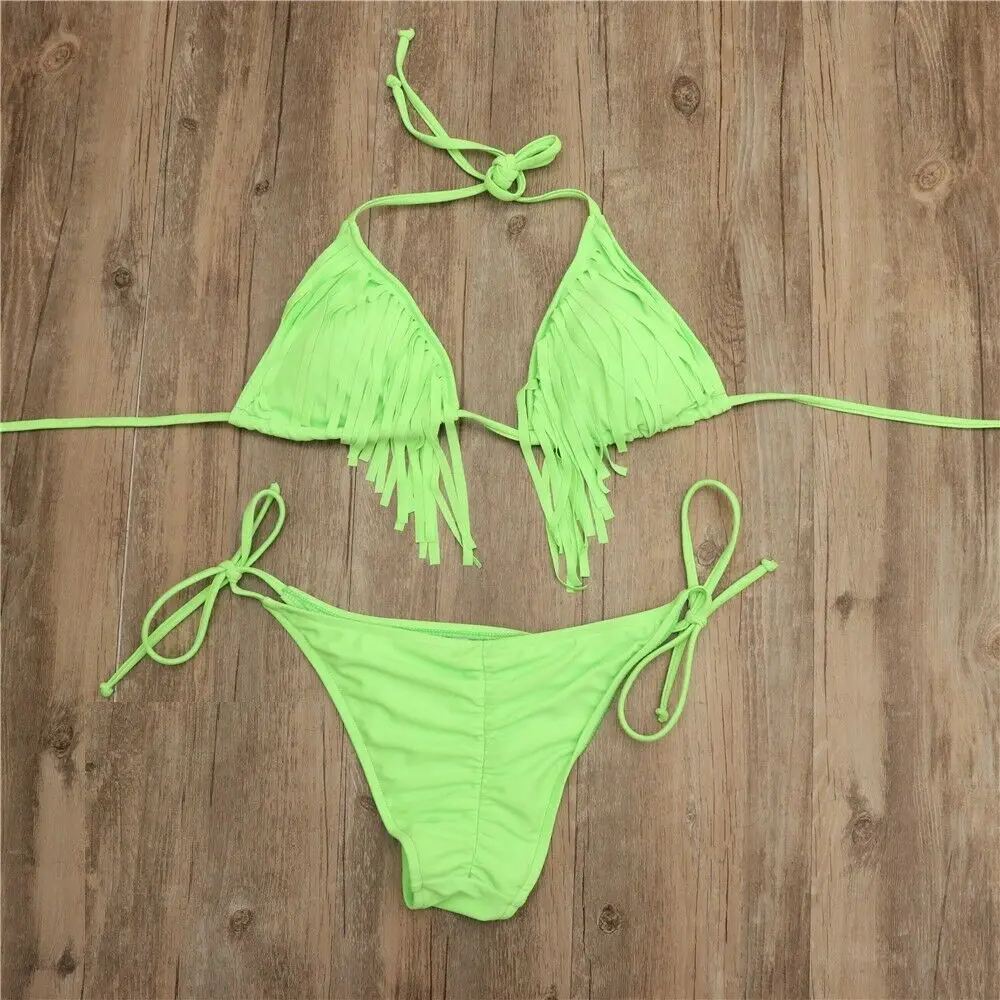 

Sexy Women Tassel Swimsuit Solid Color Push-up Padded Swimwear Bandage Two Piece Halter Bikini Set Summer Bathing Suit Biquini