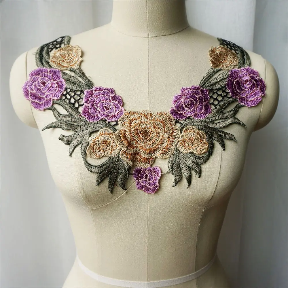 Фиолетовый вышитый цветочный воротник искусственная кружевная ткань нашивки